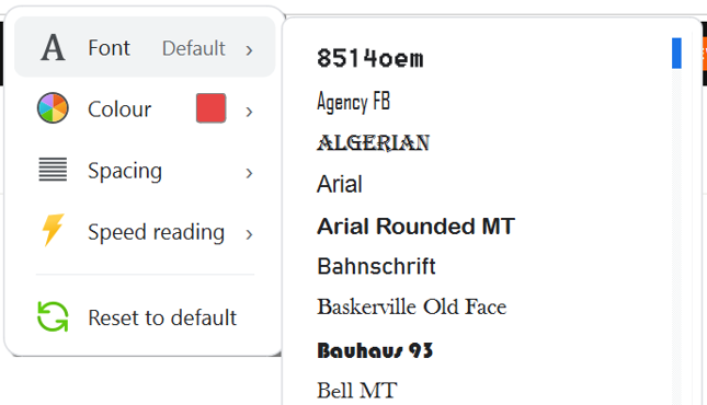 Font selection menu showing the choice of fonts available.