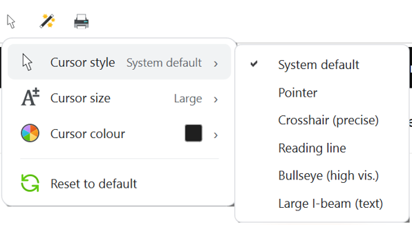 Cursor options panel - style, size, colour.