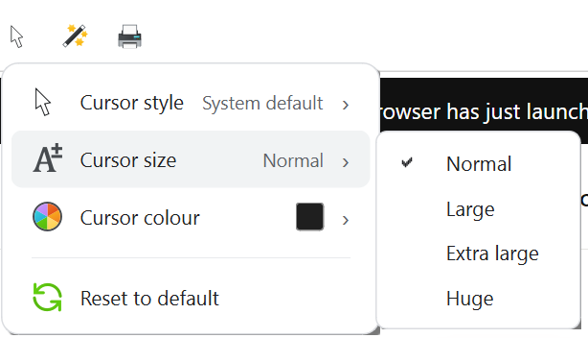 Cursor sizing sub-menu - normal, large, extra large, huge.