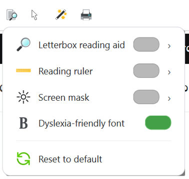 Dyslexia-friendly font toggle in the reading aids menu.