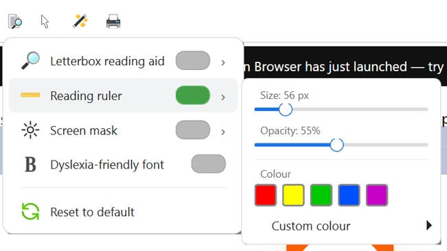 Reading ruler options - size, opacity, colour.