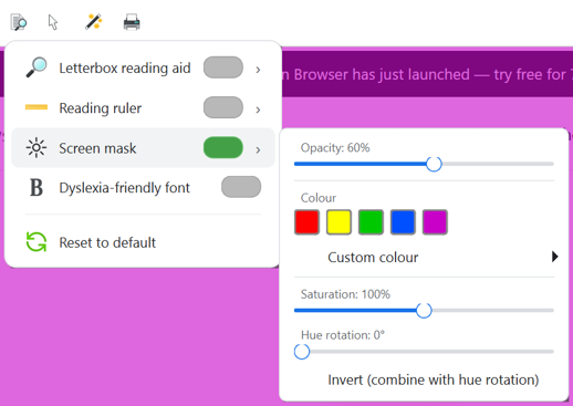 Screen mask options - opacity, colour.