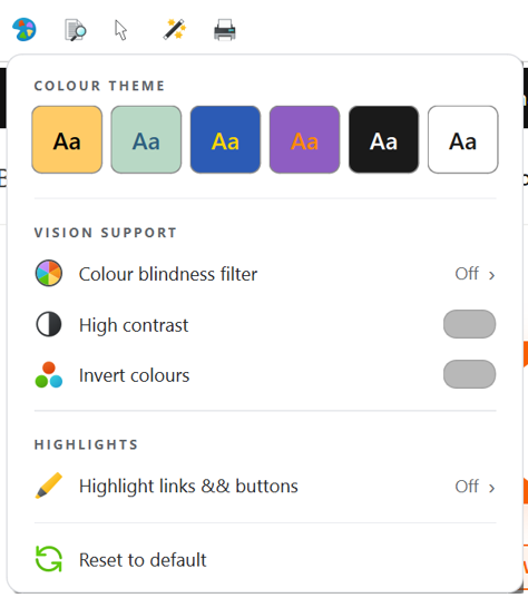 Visual appearance panel: colour themes, vision support, highlight controls.