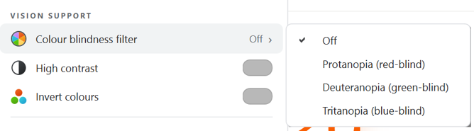Colour-blindness filter options.